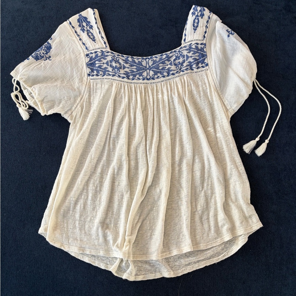 Lucky Brand White Blouse with Blue Embroidery